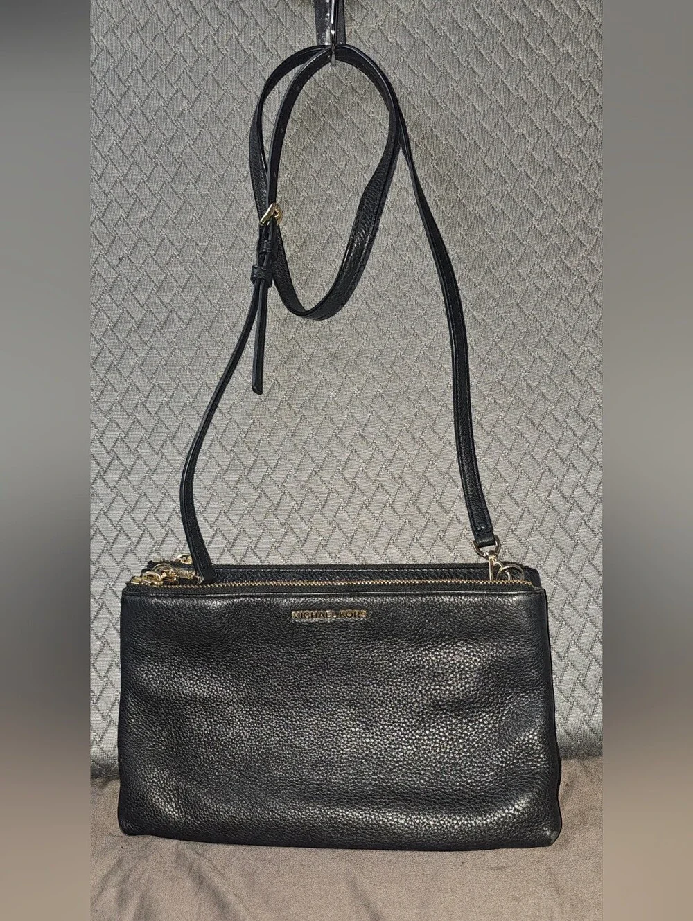 Michael Kors Black Pebbled Leather Double-Zip Crossbody with Gold Hardware